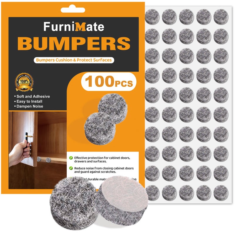 FURNIMATE مخمدات أبواب الخزائن من الفelt - وسادات صغيرة للخزائن، 3/8" قطر 100 قطعة، 5 مم سمك ذاتية اللصق رمادي - Image 1